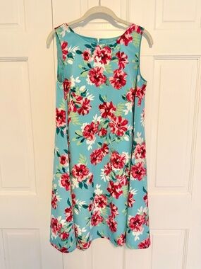 Talbots Floral Shift Dress 8P Petite Aqua Pink Sleeveless Knee Length NWT